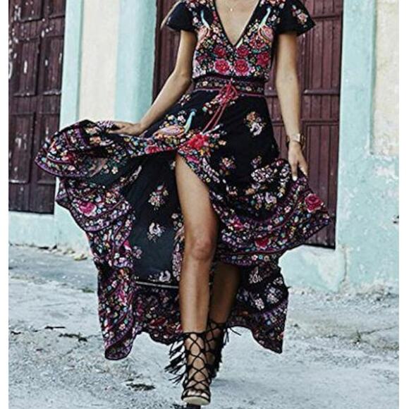 Women's Small Boho Peacock Floral V Neck Hi Low Ruffle Button Down Maxi Dress - Picture 2 of 16